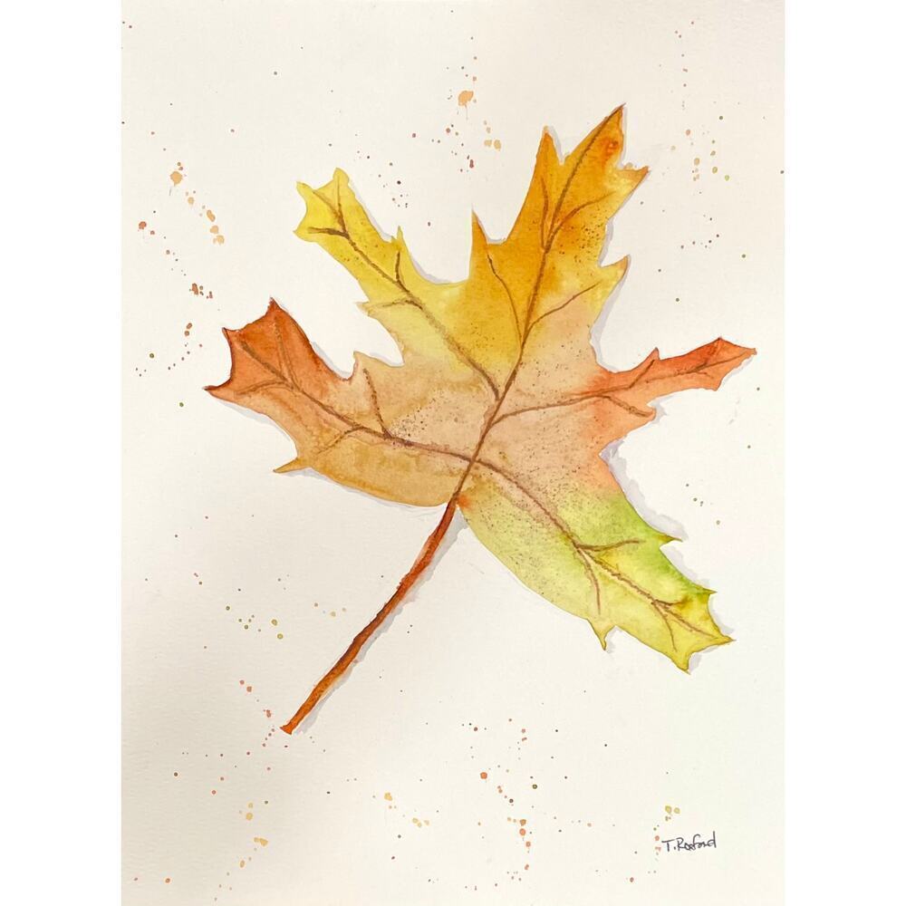 Hand painted watercolor original painting fall maple leaf brown green gold